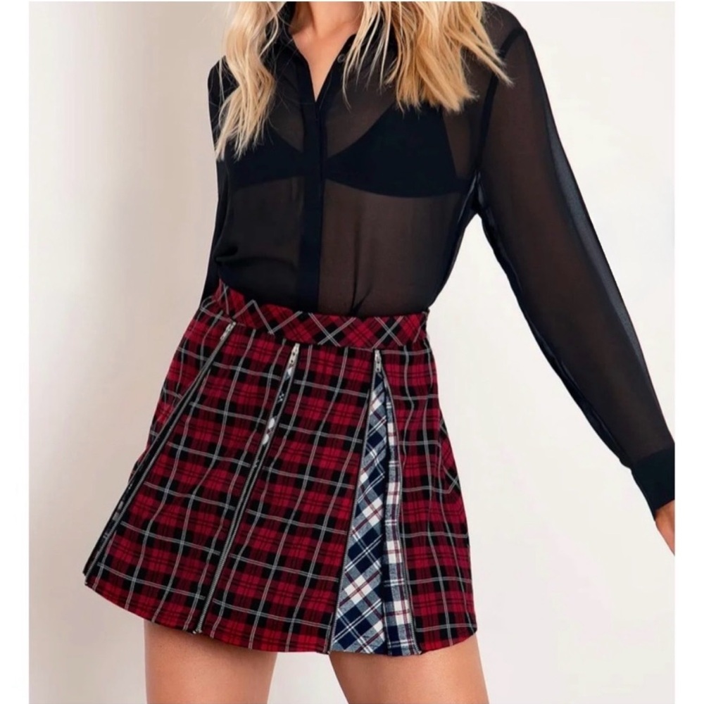 Blackmilk Cherry Plaid vs Plaid Navy Zip Panel Mini Skirt- Cute Punk Alternative